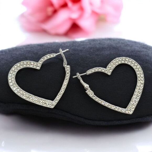 Silver Rhinestone Heart Hoop Earrings Studded Pierced Women's Jewelry Leverback - Picture 6 of 9